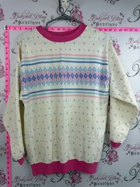 Avon fashions vintage shirt Women's Cream Fair Isle Sweater with Pink Trim